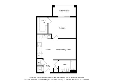 A floor plan of a house with a living room, kitchen, bathroom, and bedroom.